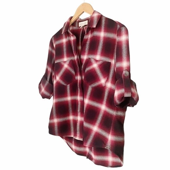 Anthropologie Cloth & Stone Cranberry Plaid Flannel Button Front Blouse Size XS - Picture 7 of 14